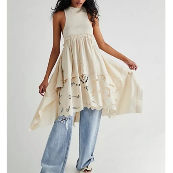 Free People Tops - Free People Floral Fields Maxi Tee Shark Bite Hem Tiered Linen Lace Ivory Sm NWT